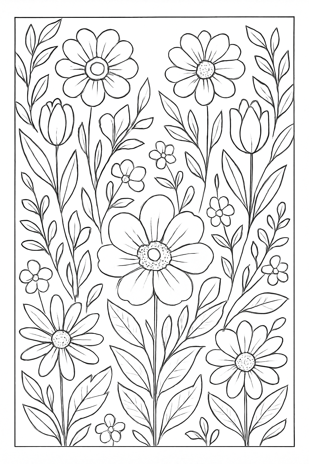 A detailed floral garden coloring page featuring symmetrical flower petals and leaves with thick, clean outlines.
