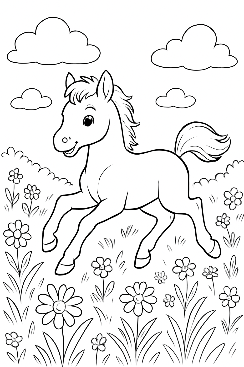 A realistic foal in a meadow coloring page featuring clean outlines and floral details.