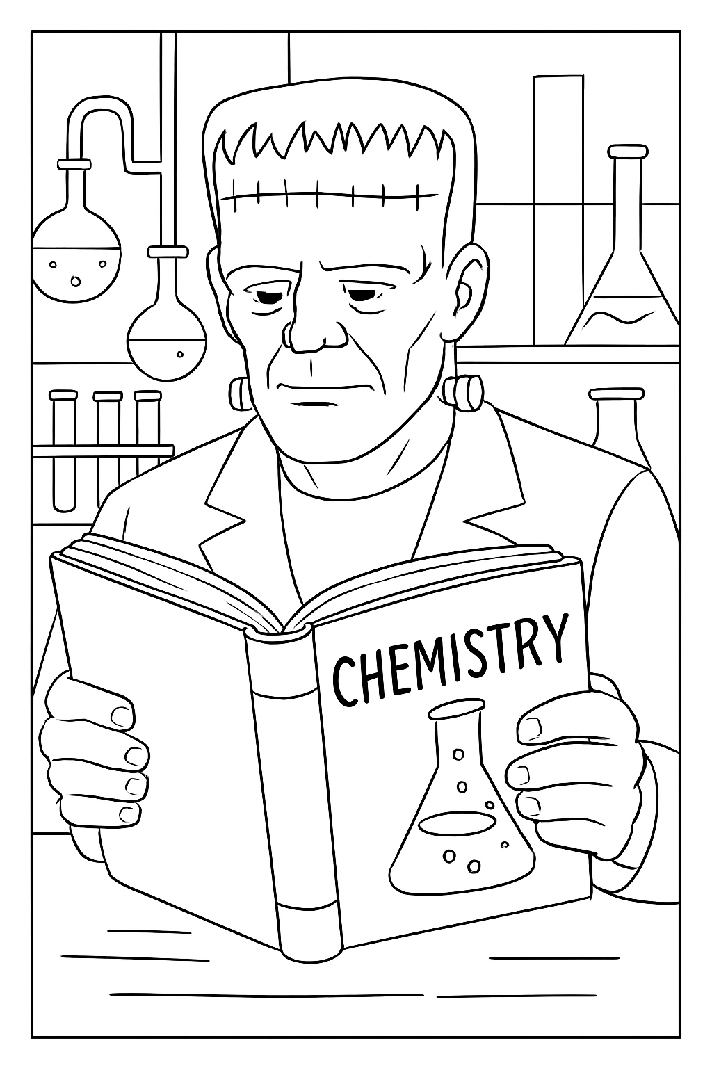 A friendly Frankenstein monster in a laboratory setting, featured on a Frankenstein monster science lab coloring page.