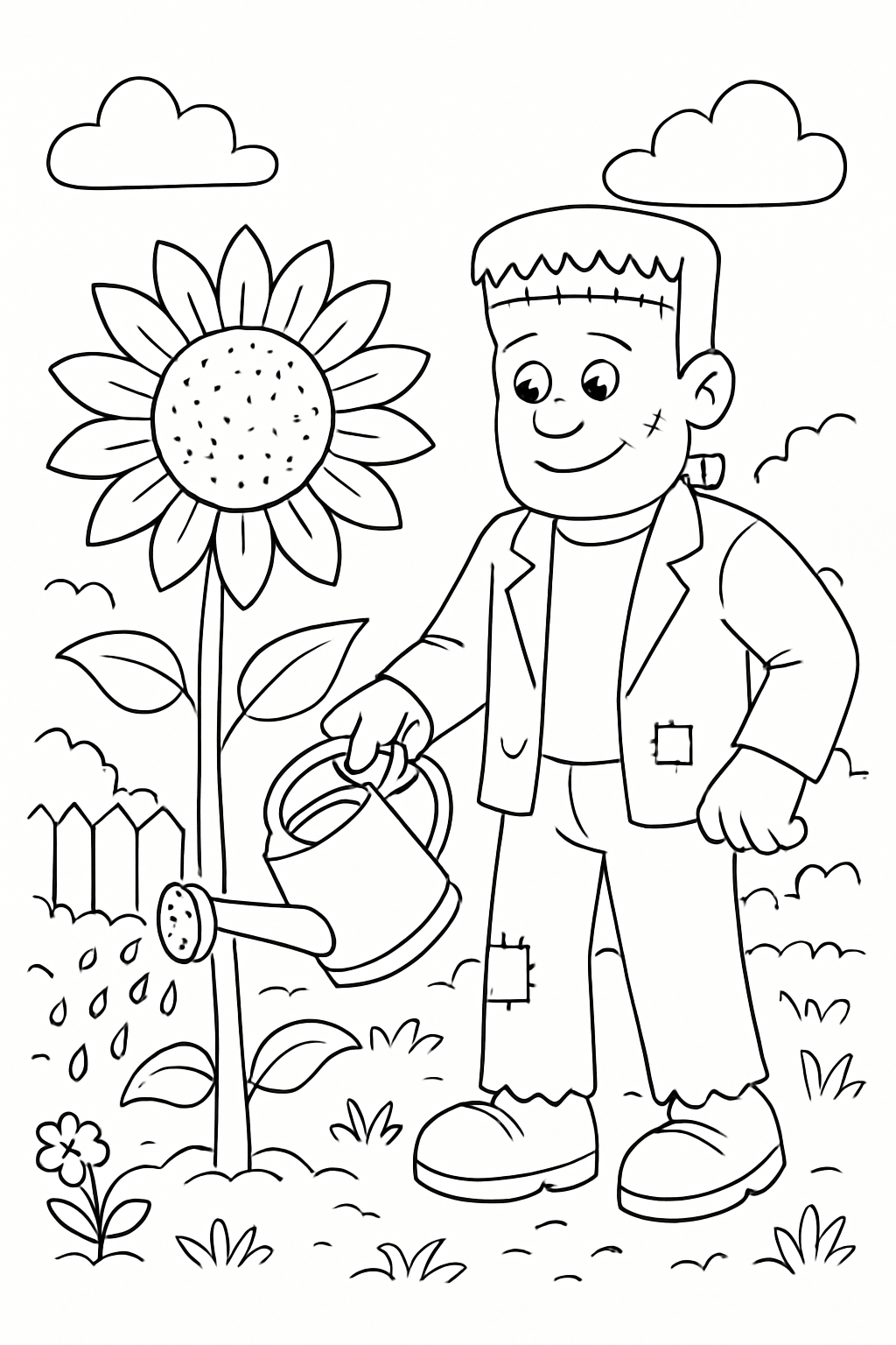 A friendly Frankenstein monster watering a sunflower in a garden-themed Frankenstein monster garden coloring page.