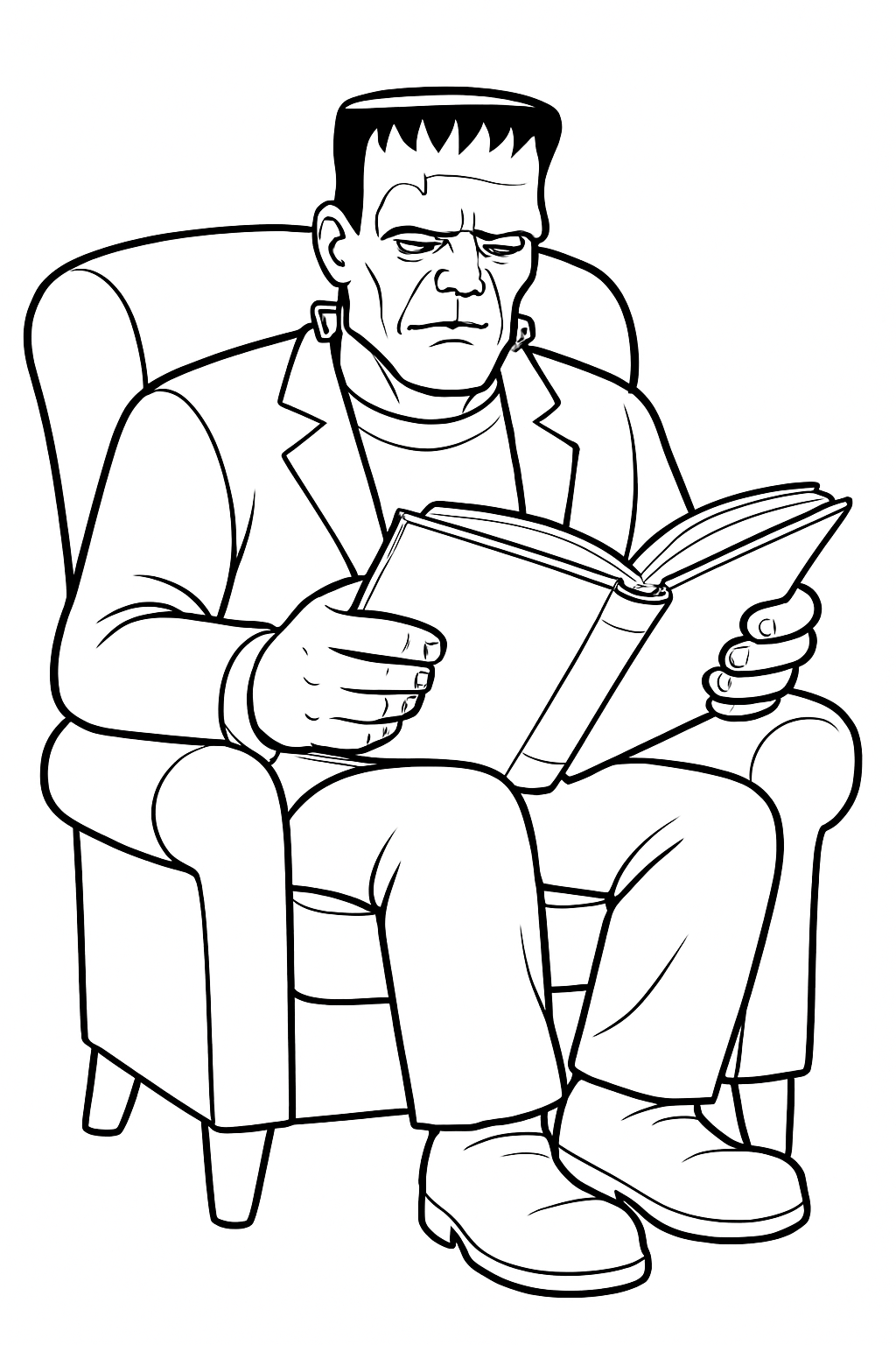 A friendly Frankenstein monster sitting in a chair reading a book, featured on a fun Frankenstein monster reading book coloring page.
