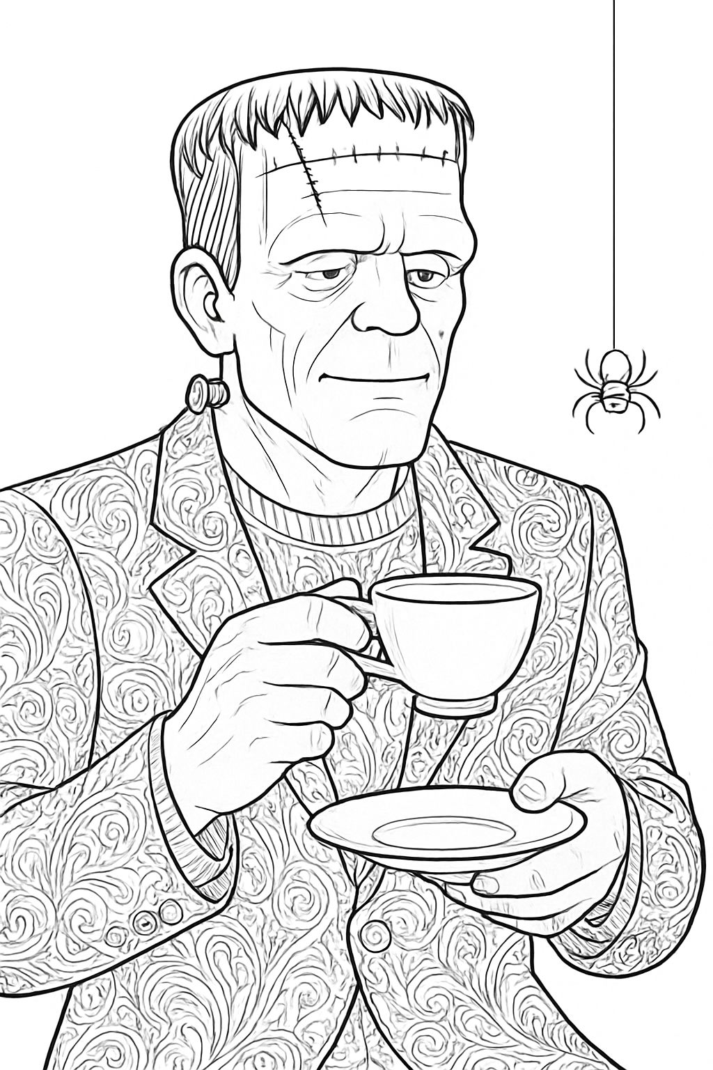 A Frankenstein monster tea party coloring page with detailed patterns and a cute spider friend.