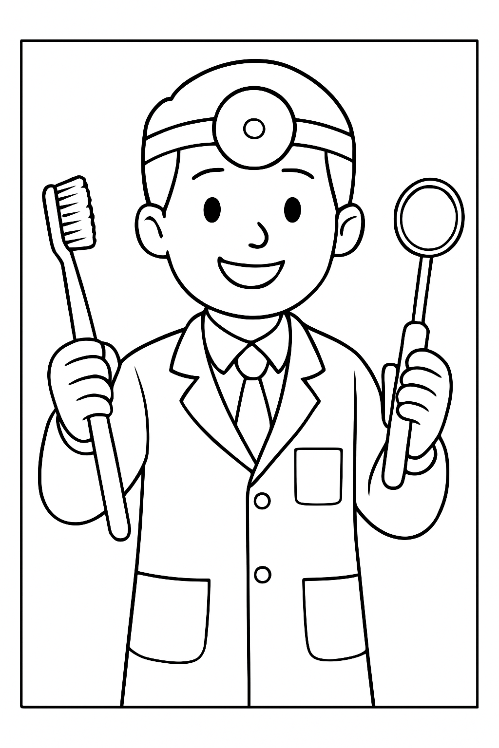 A friendly dentist holding a mirror on this dentist doctor coloring page with bold outlines.