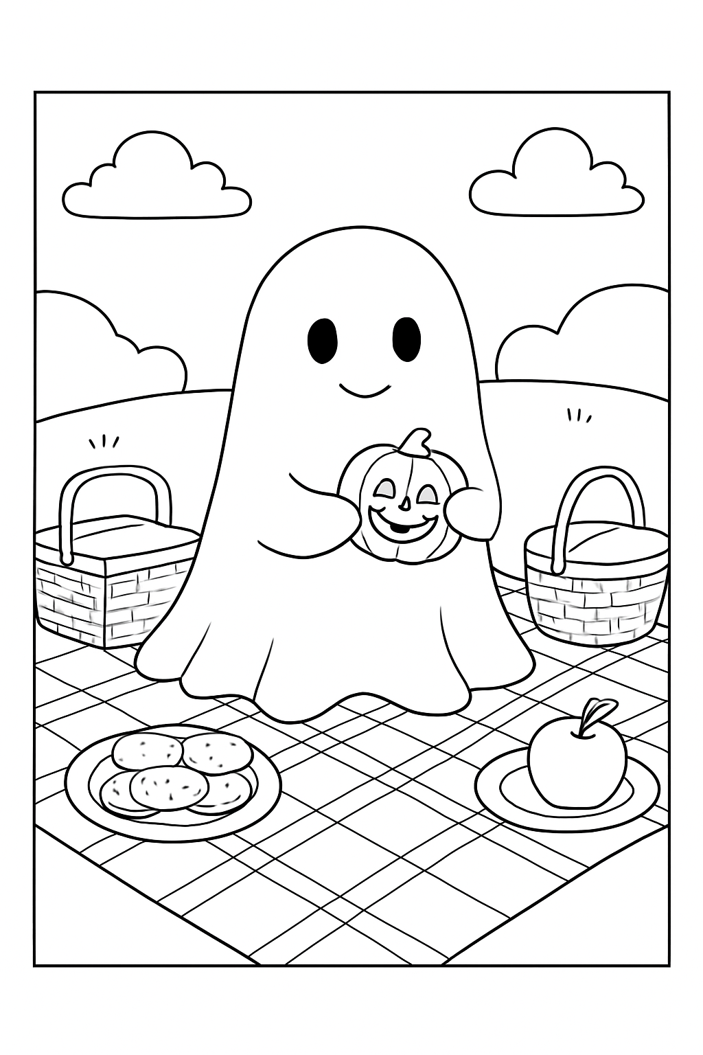 A cute ghost sitting on a picnic blanket with a pumpkin cookie in this ghost picnic coloring page.