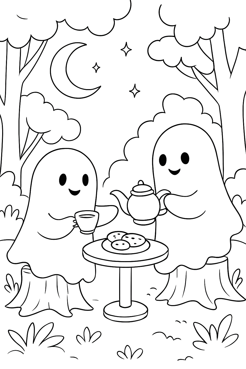 Two cute ghosts enjoying tea in a forest on a friendly ghost coloring page.