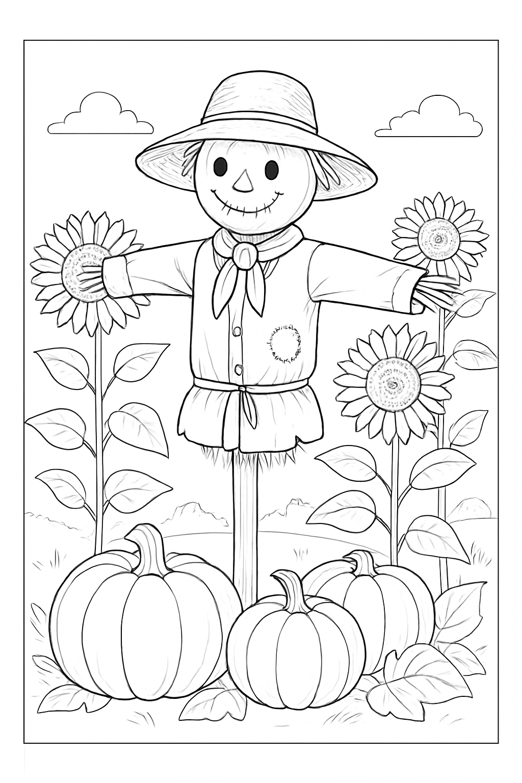 A detailed harvest scarecrow coloring page with pumpkins and sunflowers in a field.