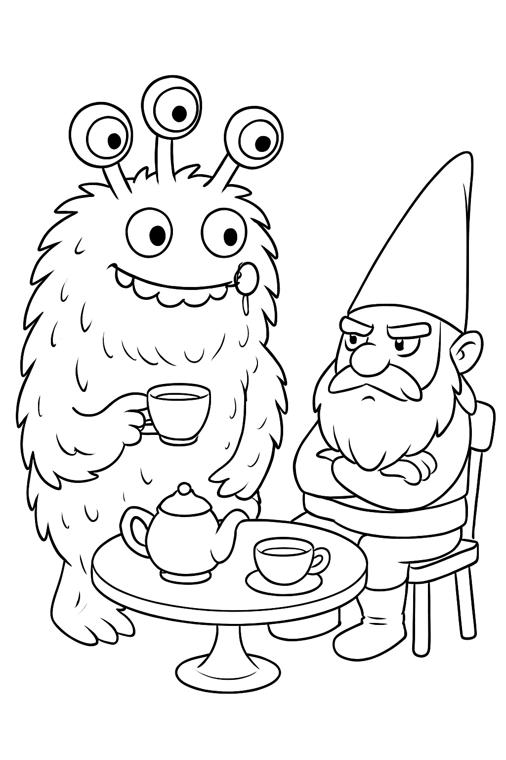 A whimsical friendly monster coloring page featuring a funny tea party scene.
