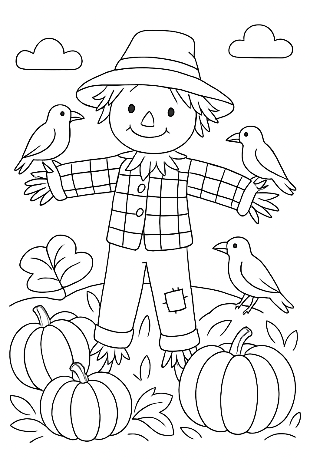 A friendly scarecrow surrounded by pumpkins on this detailed scarecrow coloring page.