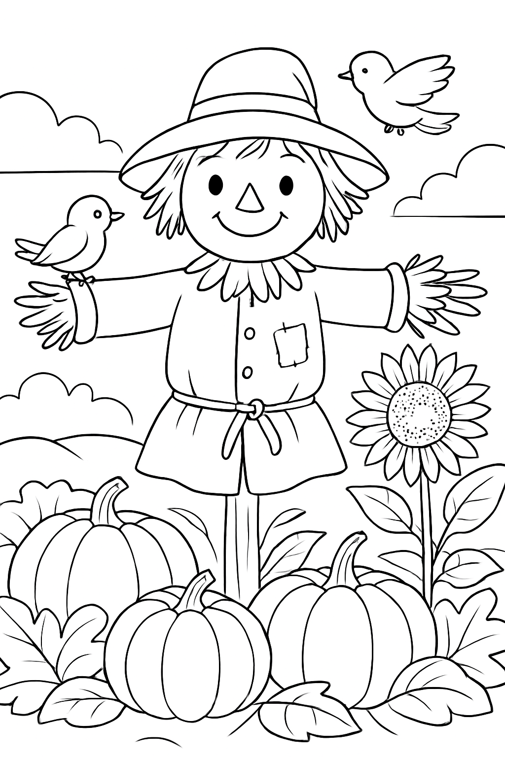 A detailed friendly scarecrow coloring page featuring pumpkins and sunflowers in a garden.