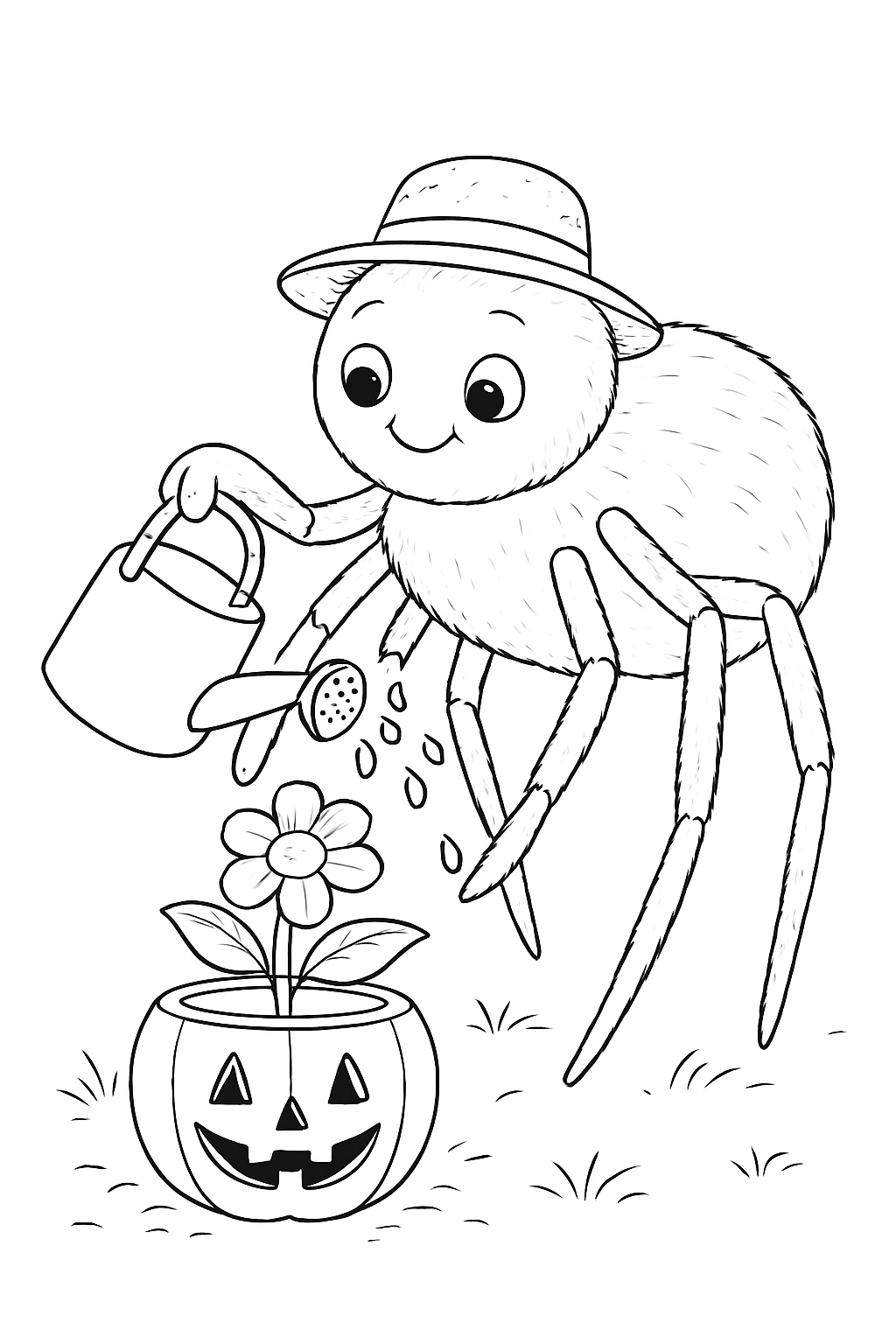 A happy spider wearing a sun hat watering a pumpkin planter on this friendly spider gardener coloring page.