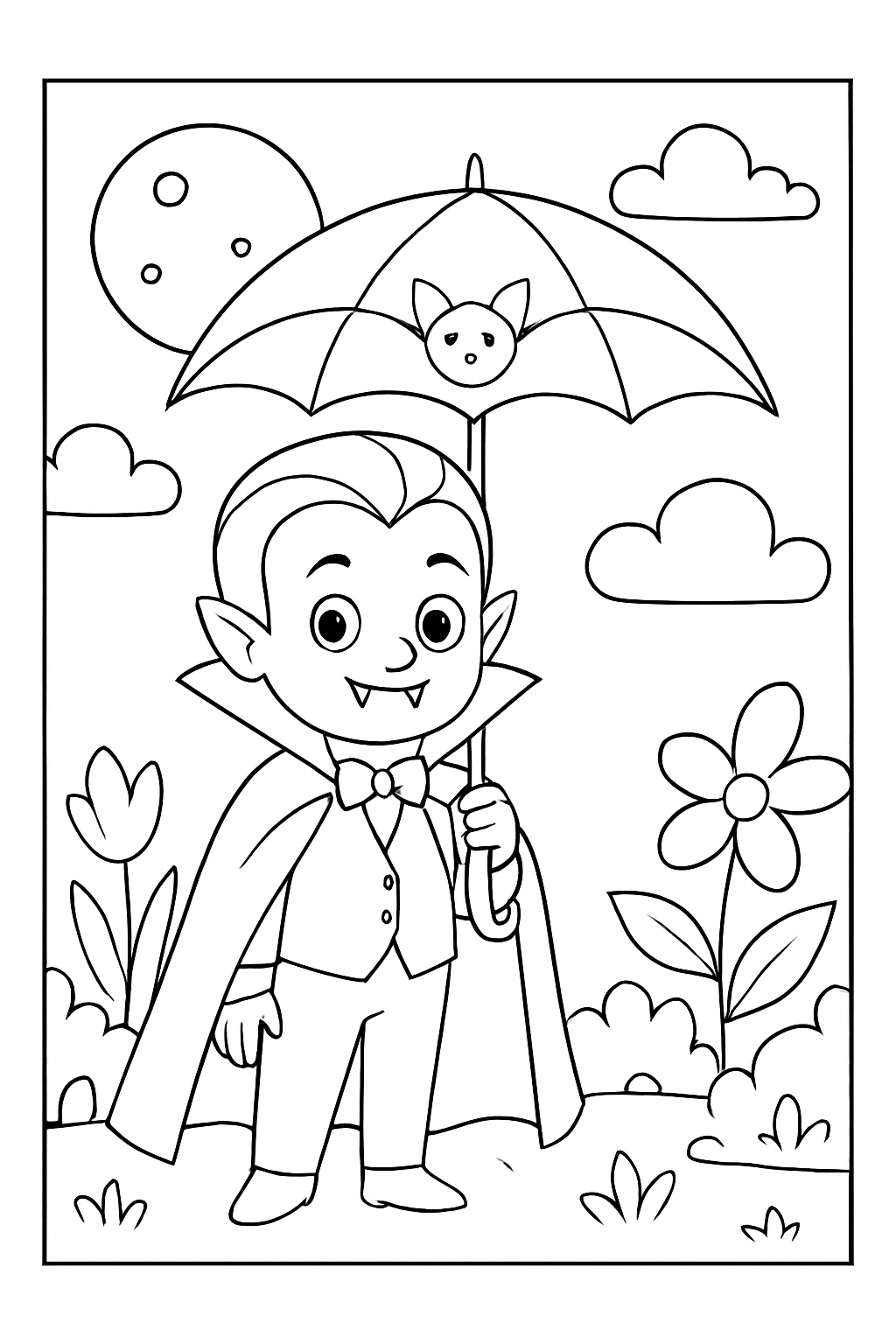 A friendly vampire character under a starry sky on a vampire coloring page.