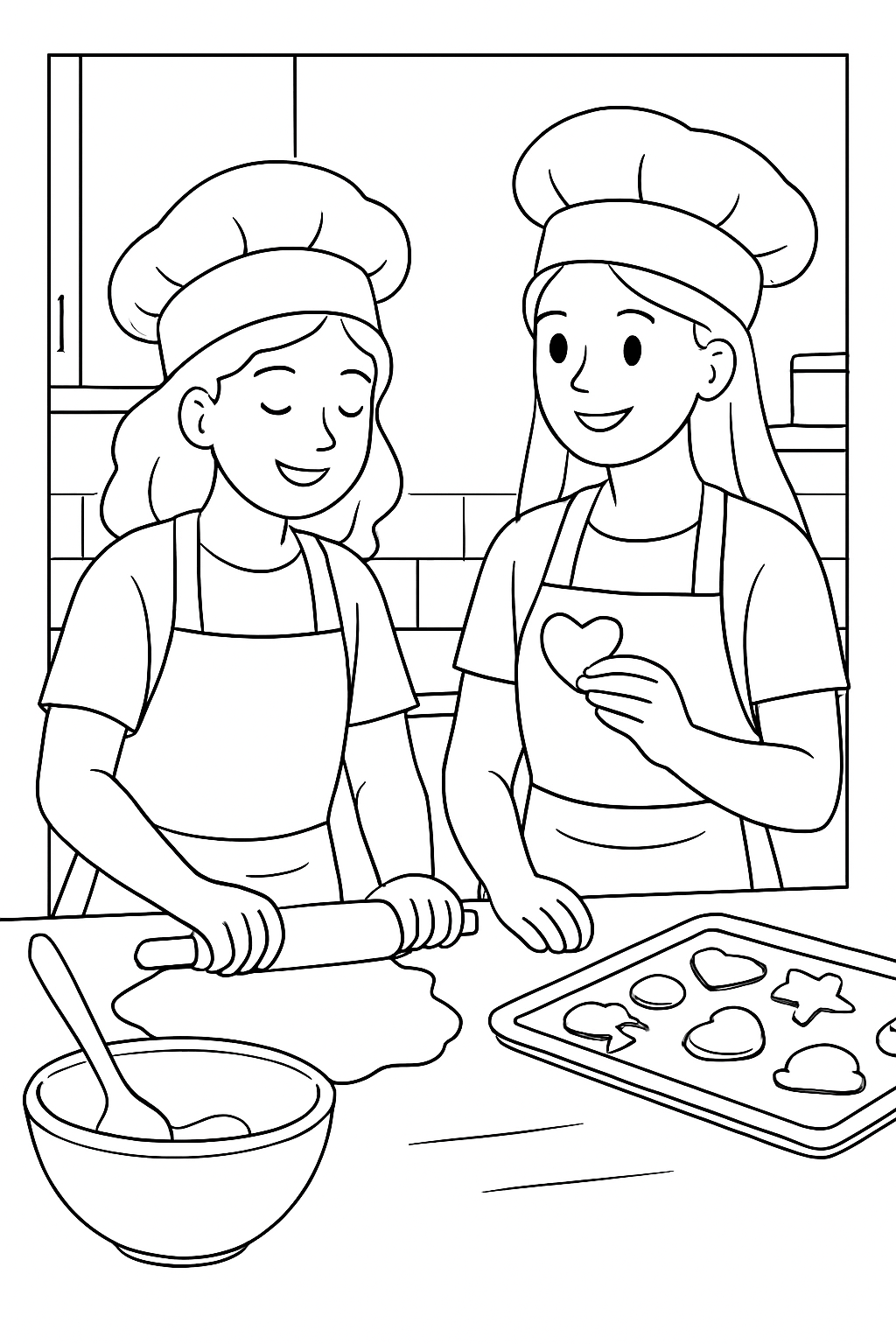 Two happy friends wearing aprons while rolling dough on a friends baking cookies coloring page.