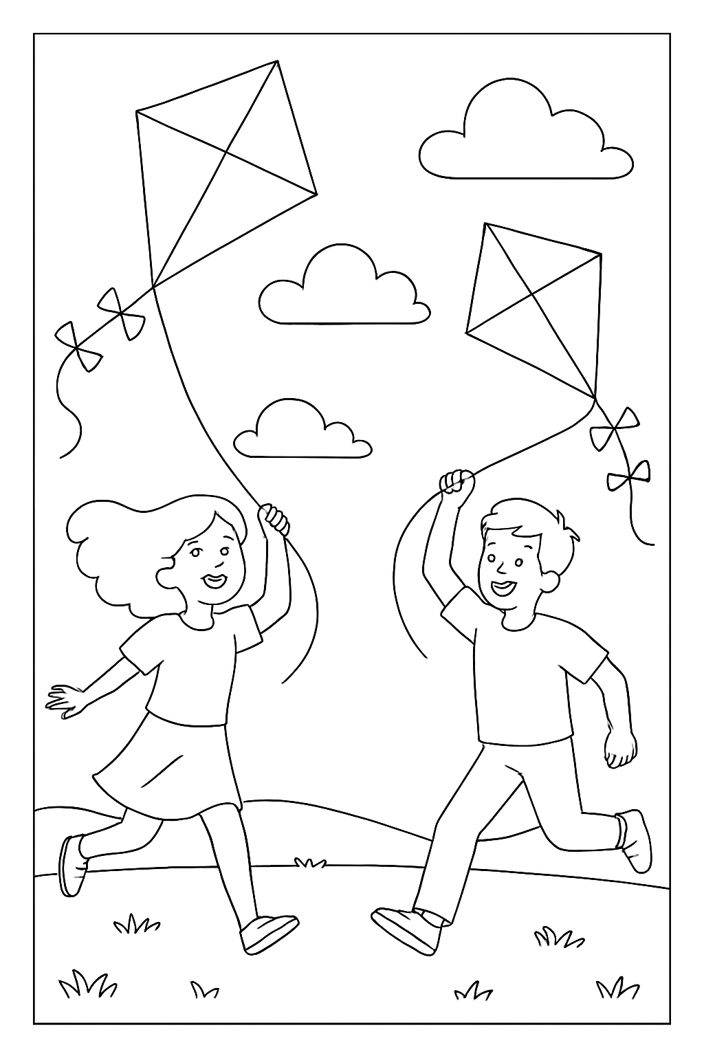 Two happy friends running with colorful kites in a sunny meadow on a friends flying kites coloring page.