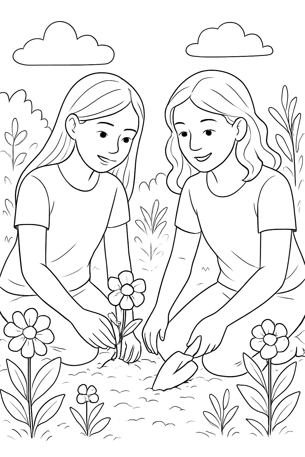 Two best friends planting flowers in a sunny garden, featured on a friends gardening coloring page.