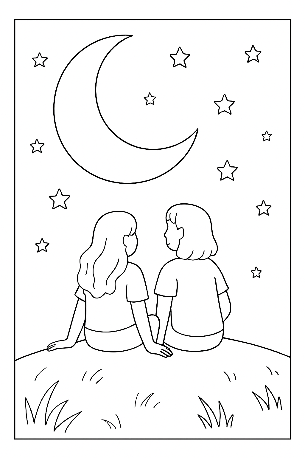Two friends sitting on a hill looking at a starry sky in this friends stargazing coloring page.