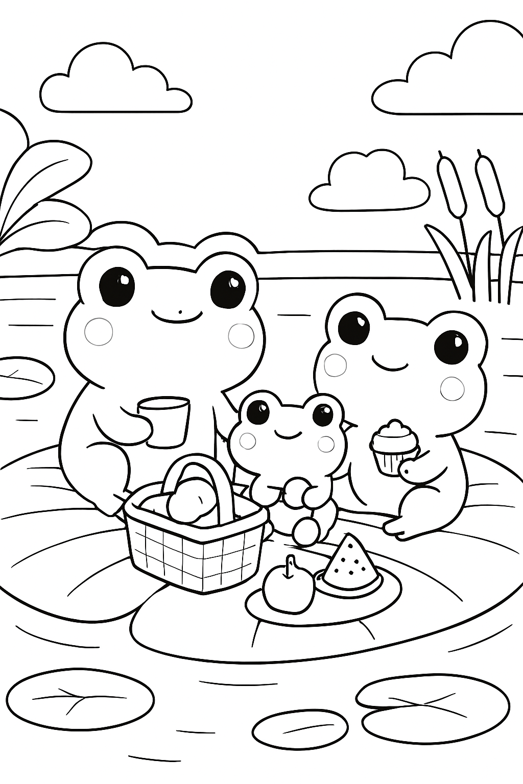 A cute frog family on a lily pad in this frog river picnic coloring page.