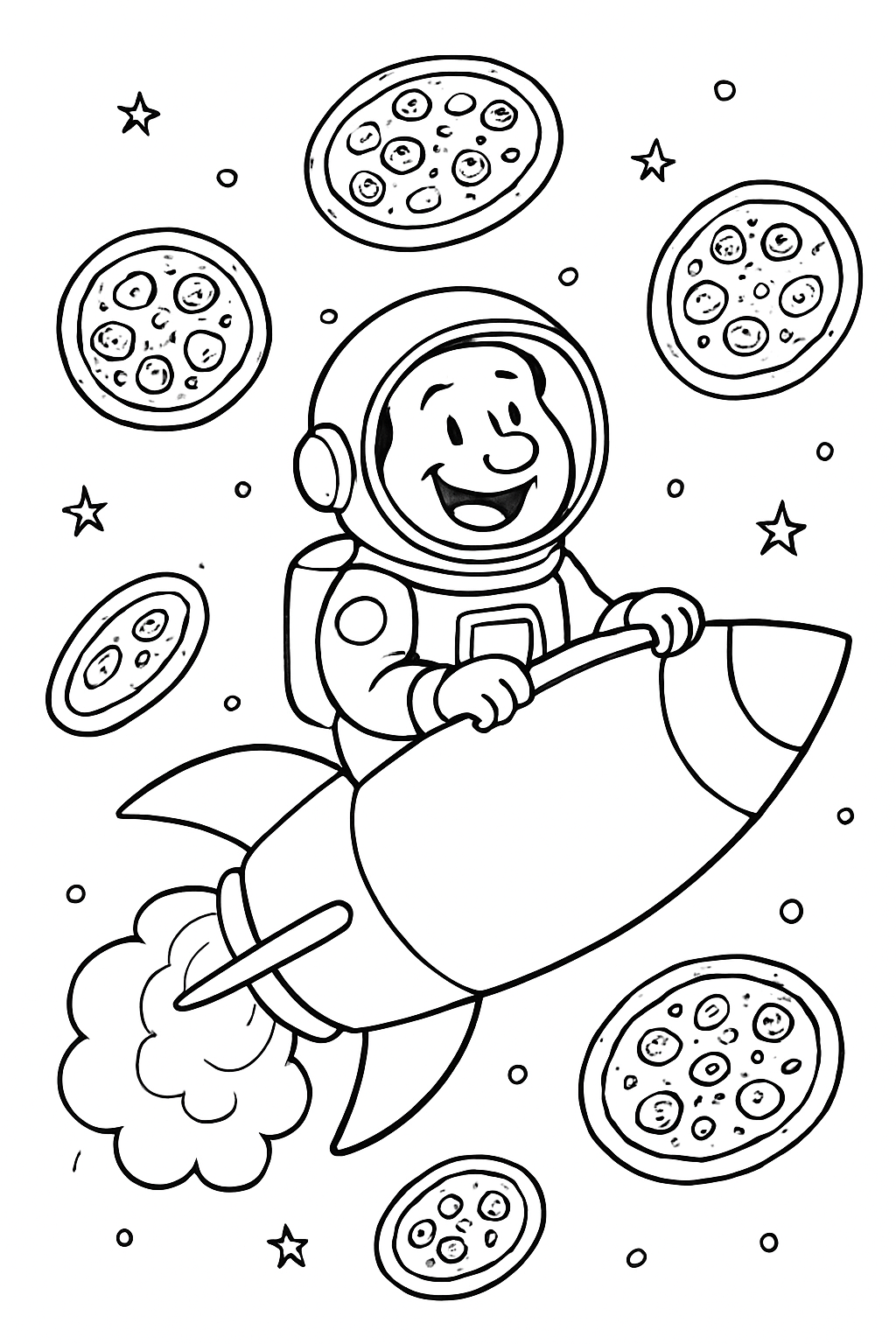 A cute astronaut in a rocket ship with pizza slices floating in space on a funny astronaut rocket coloring page.