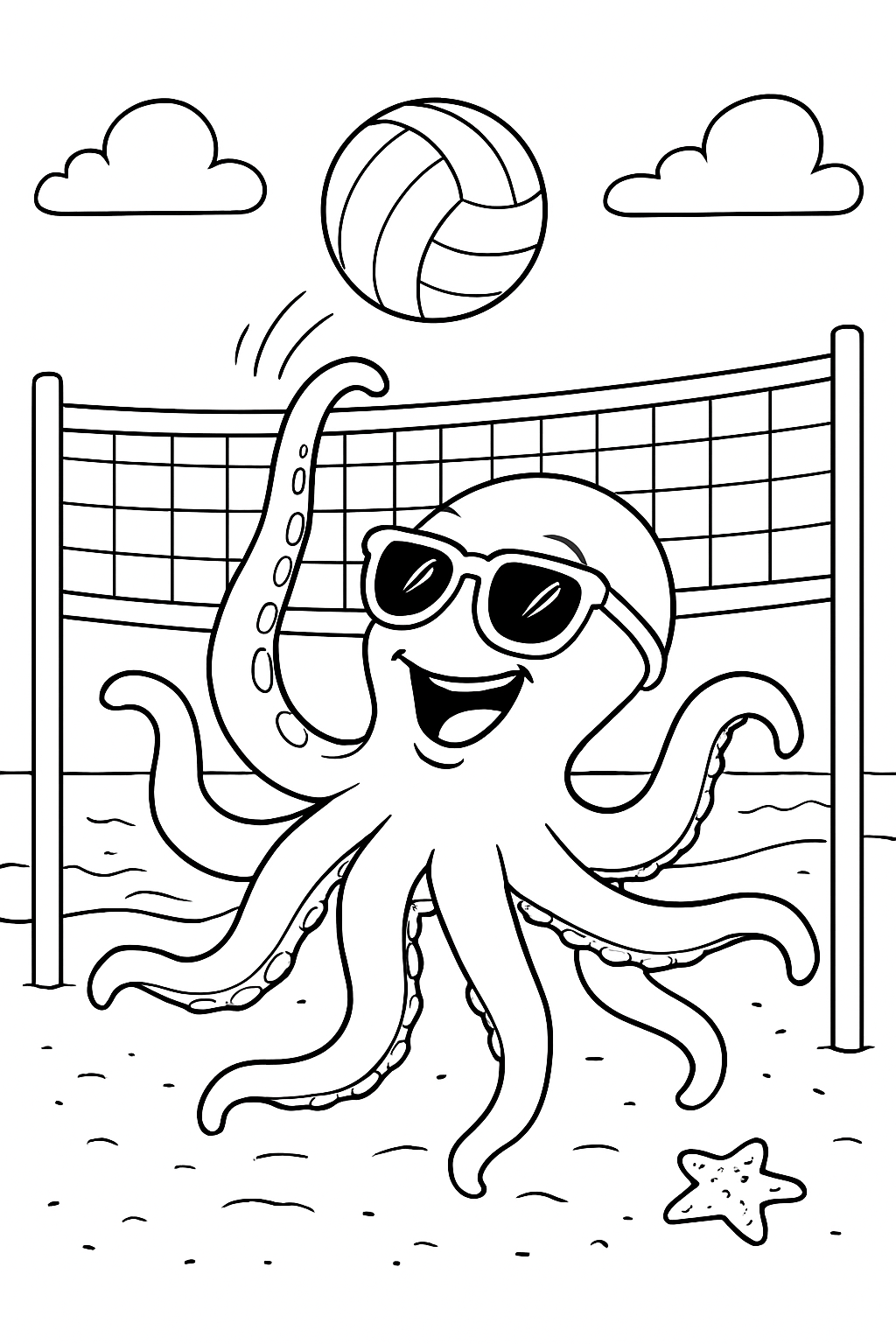 A cute octopus spiking a ball in this fun beach volleyball coloring page.