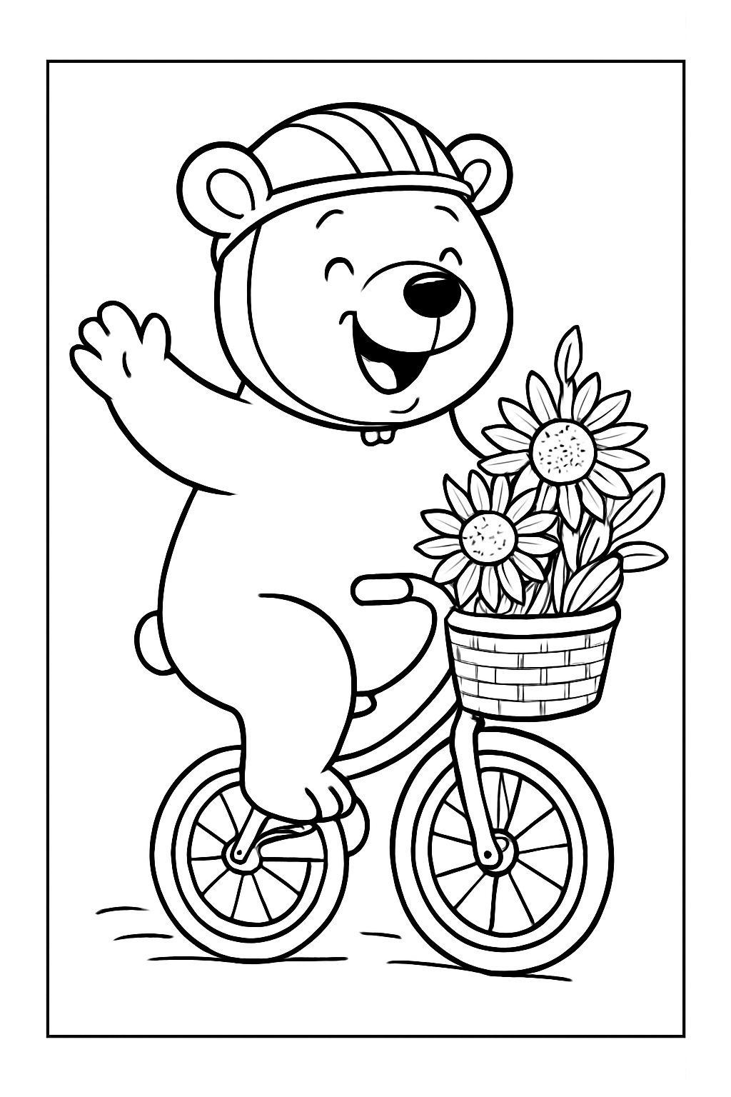 A cute bear riding a unicycle in a floral meadow on a cycling coloring page.