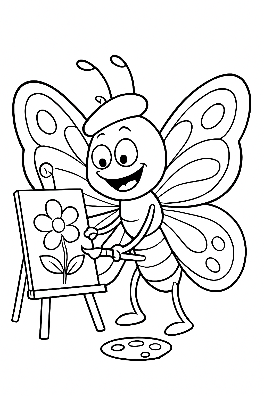 A happy butterfly wearing a beret and painting, featured on a fun butterfly coloring page.