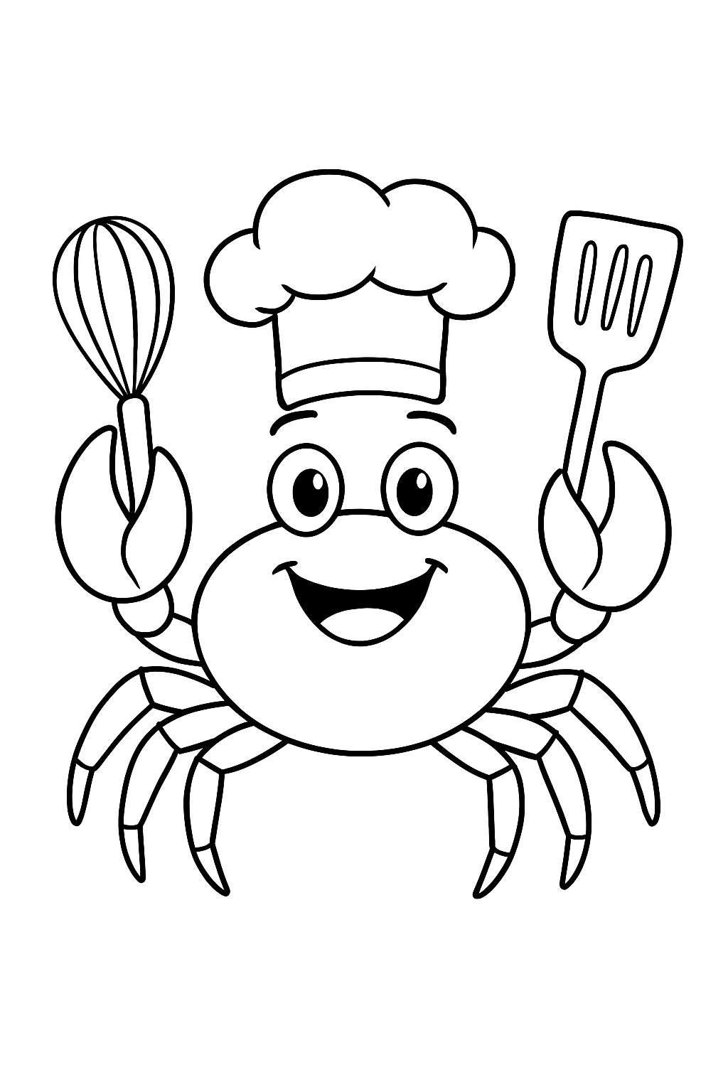 A cute cartoon crab wearing a chef hat holding kitchen tools in this fun crab coloring page for children.