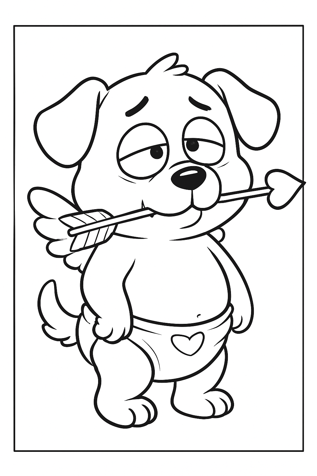 A silly puppy dressed as Cupid holding a heart arrow in this funny cupid puppy coloring page.