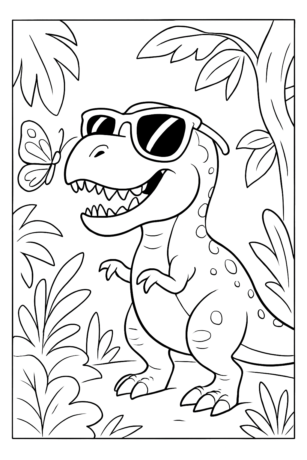 A funny dinosaur jungle coloring page featuring a cute T-Rex with butterfly on its nose.