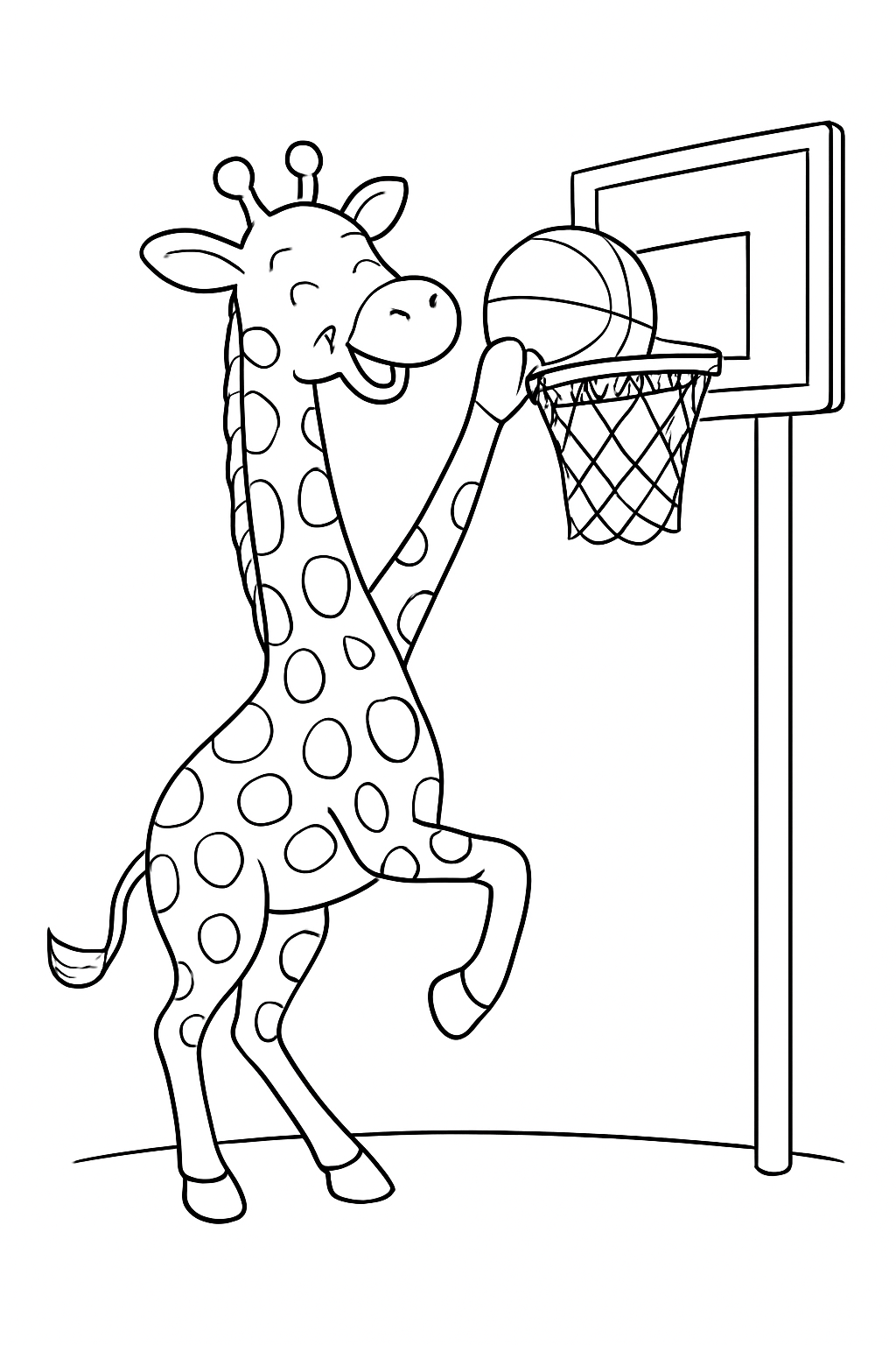 A whimsical giraffe dunking a ball on a basketball coloring page with clean lines.