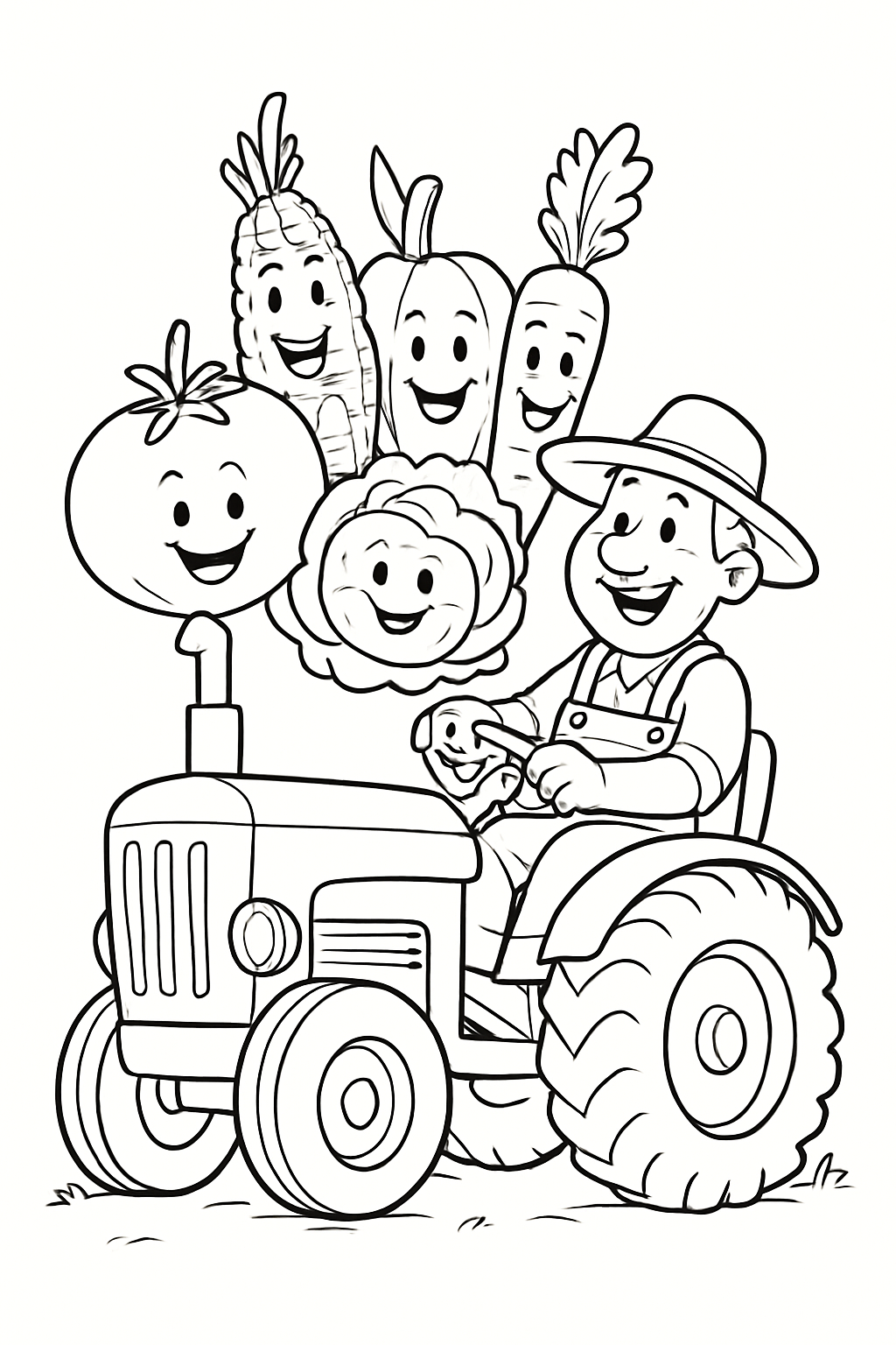 A cheerful farmer driving a tractor full of giant vegetables in this printable farmer coloring page.