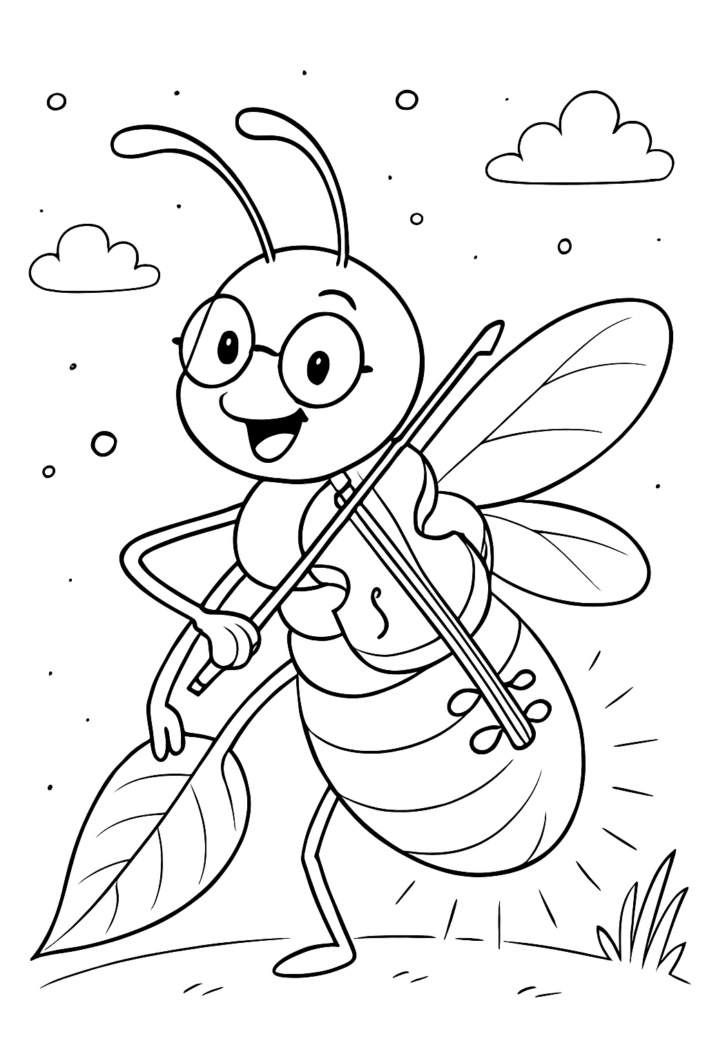 A whimsical funny firefly coloring page showing a bug playing a cello made from a leaf.
