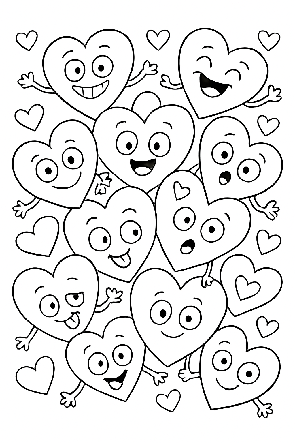 A whimsical hearts pattern coloring page featuring funny heart characters with expressive faces.