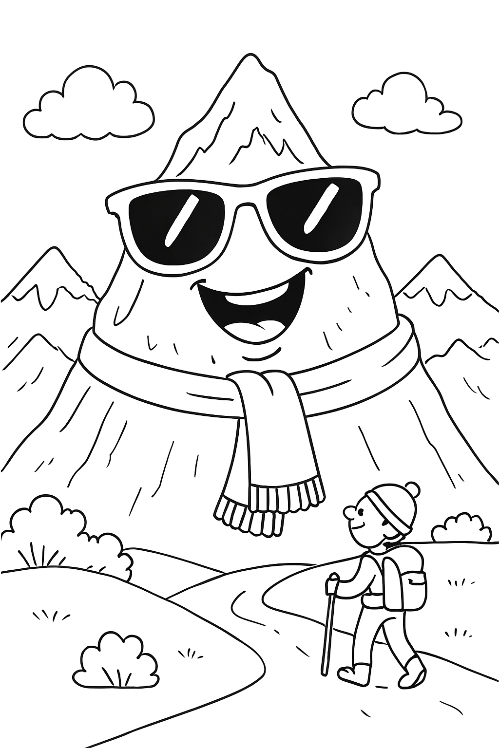 A happy, smiling mountain character wearing sunglasses in this mountains coloring page.