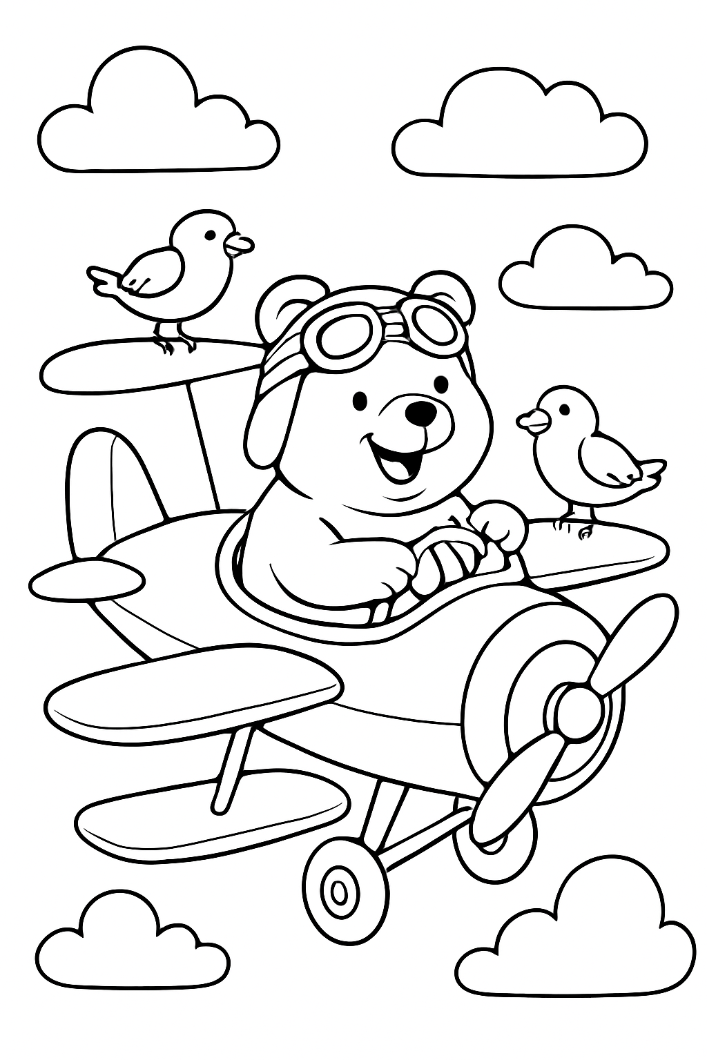 A happy bear pilot flying a biplane in this fun airplane coloring page.
