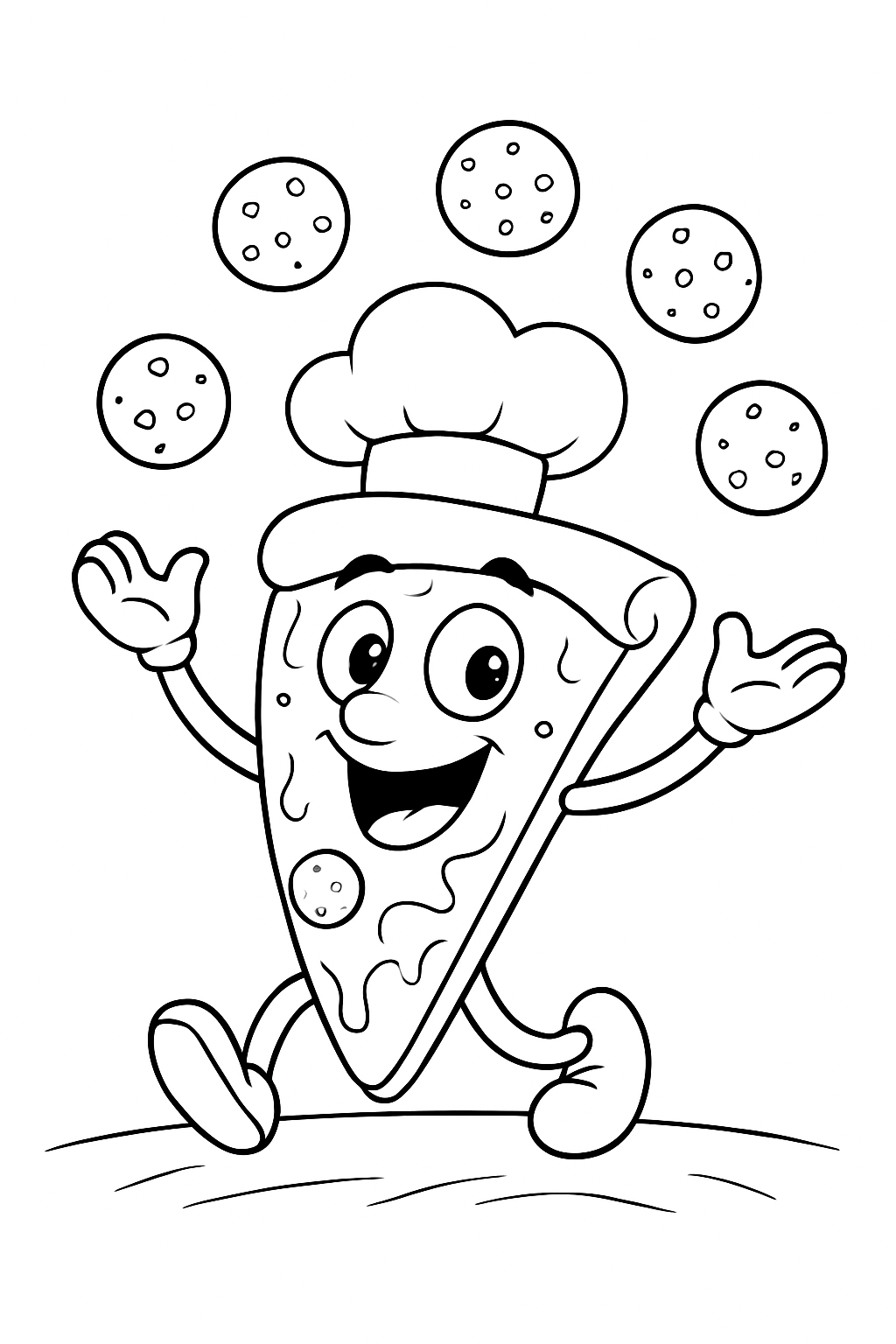 A cute pizza slice chef juggling ingredients on a pizza coloring page.
