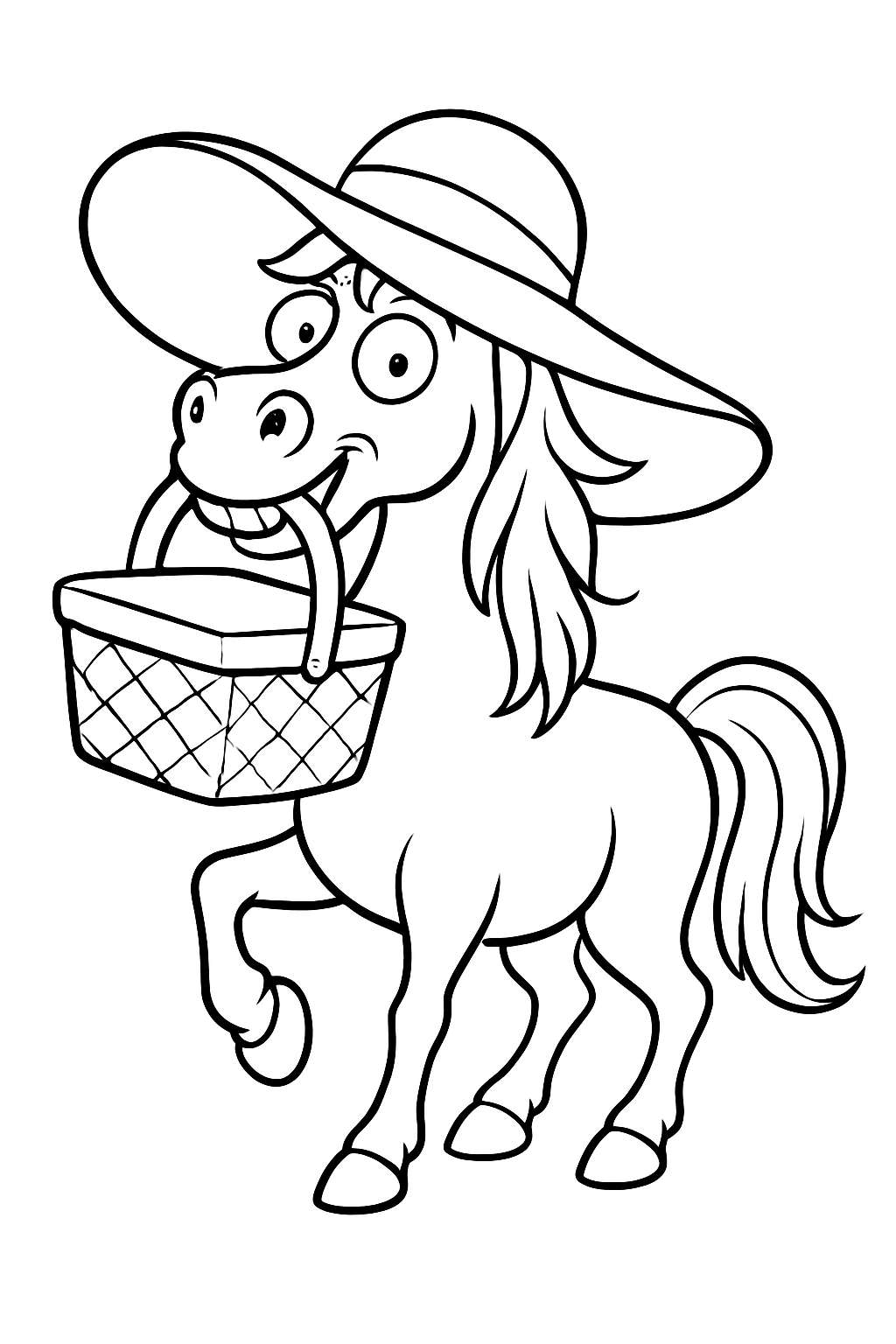 A cute cartoon pony wearing a sun hat on this funny horse coloring page.