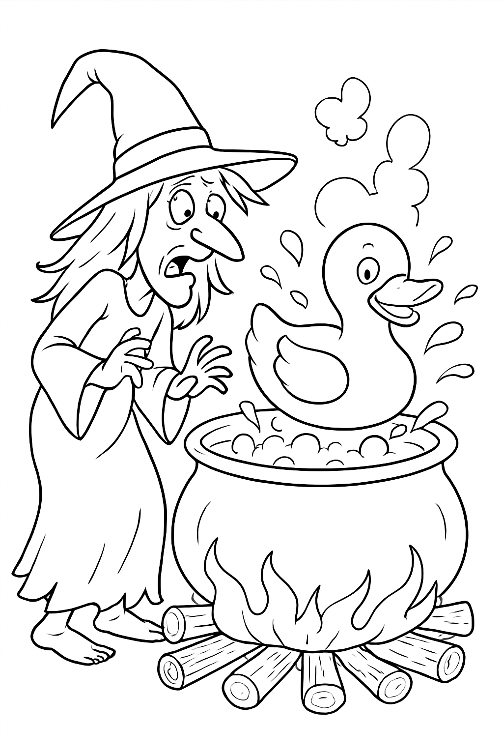 A funny witch coloring page featuring a whimsical character brewing a giant rubber duck in her magical cauldron.