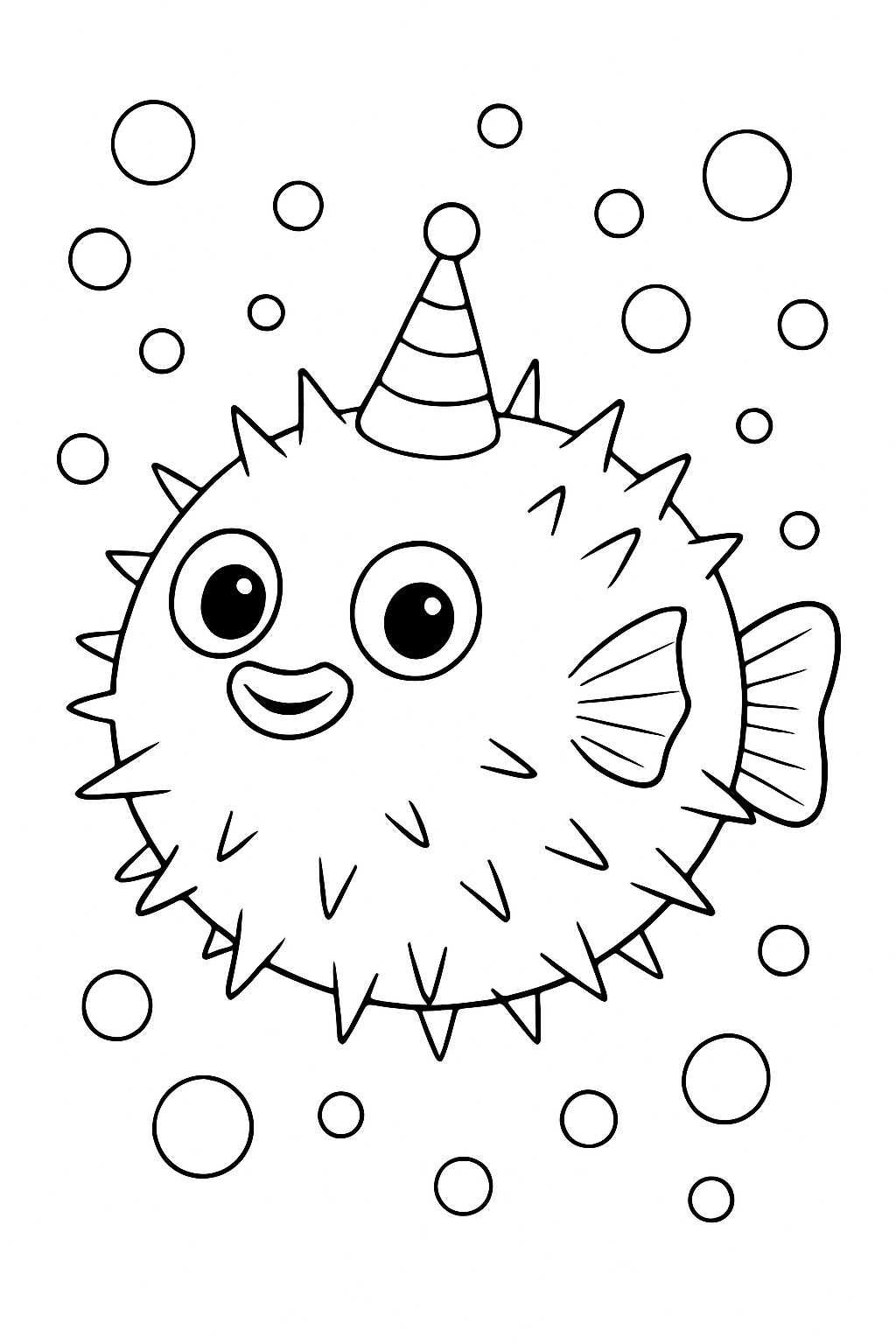 A cute pufferfish wearing a party hat in this fun pufferfish coloring page.