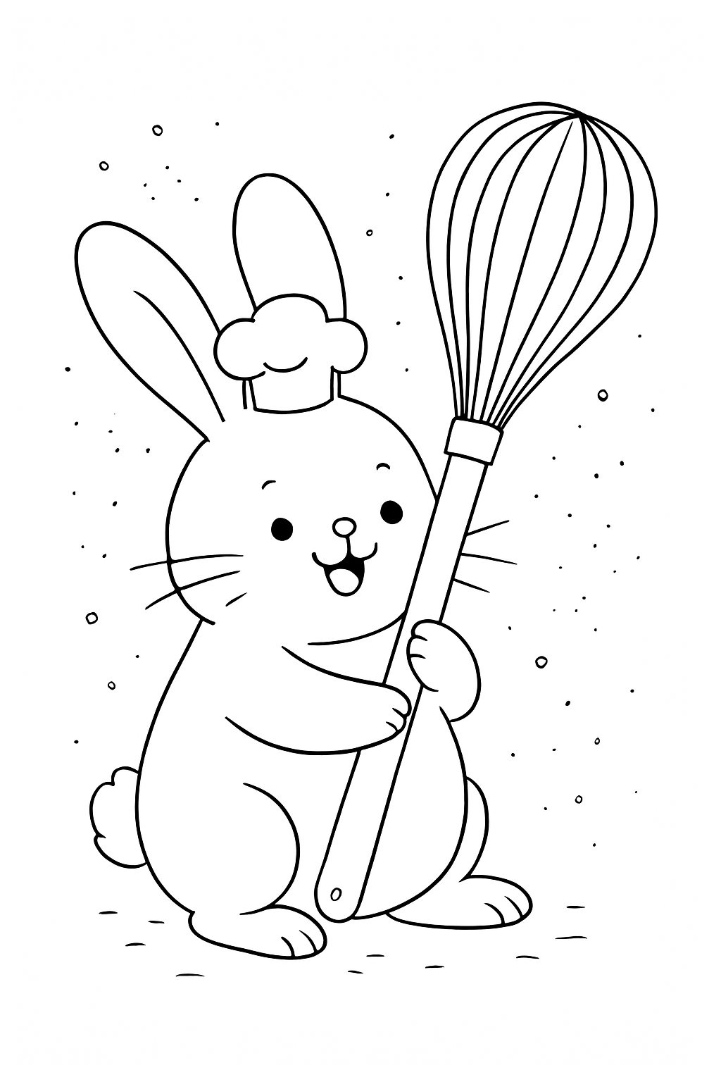 A cute rabbit baker wearing a chef hat and holding a whisk on a rabbit baker coloring page.
