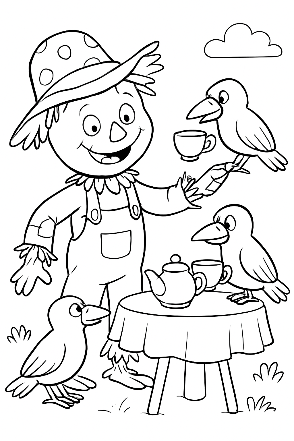 A happy, silly scarecrow hosting a tea party with crows in this funny scarecrow coloring page.