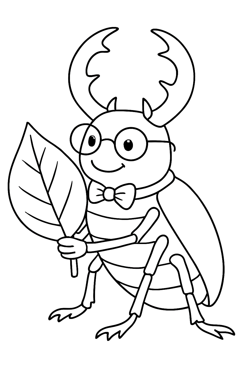 A happy stag beetle wearing glasses and a bowtie on a fun stag beetle coloring page.
