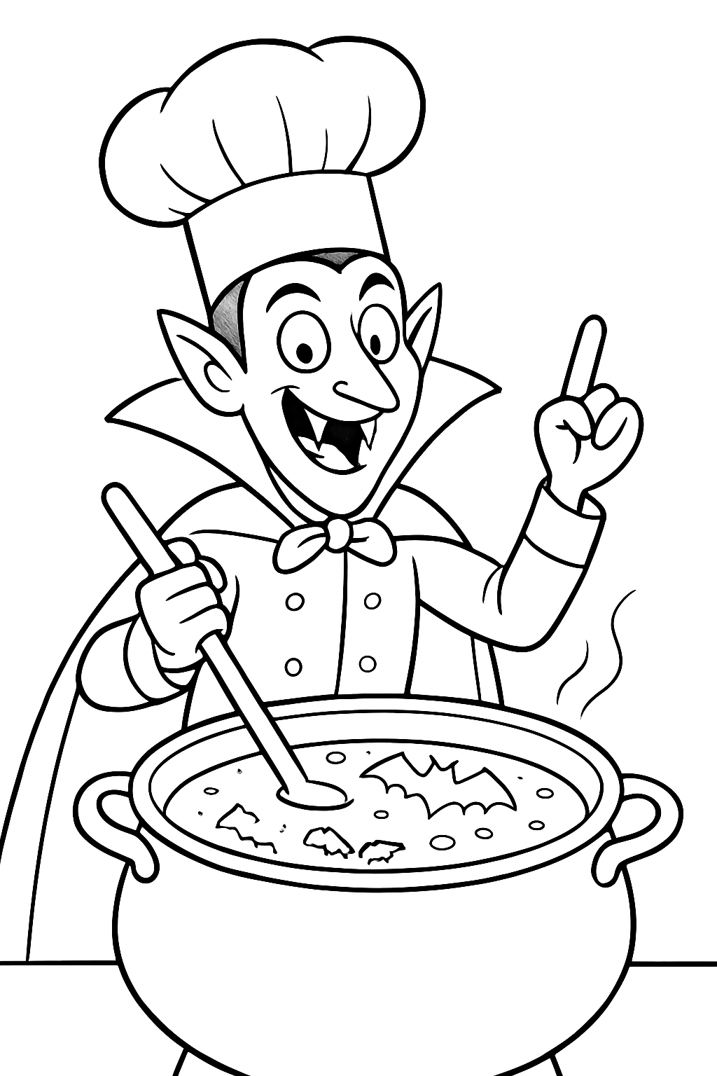 A happy vampire chef cooking a spooky meal on a printable vampire chef coloring page.