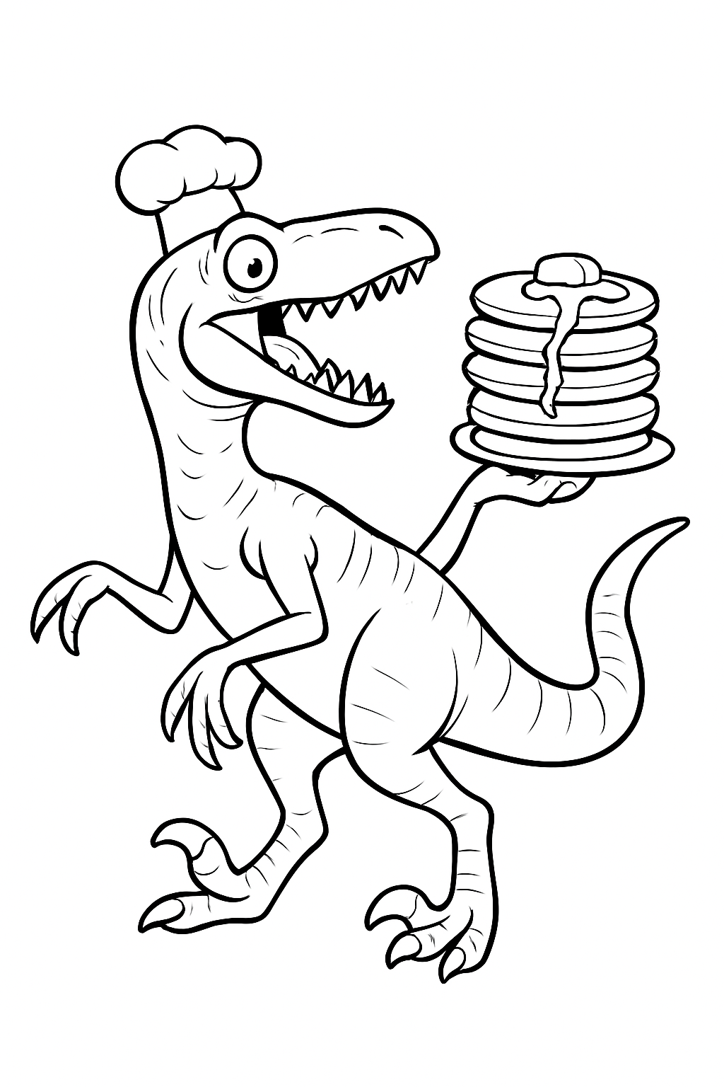 A happy cartoon dinosaur wearing a chef hat on a Velociraptor coloring page.