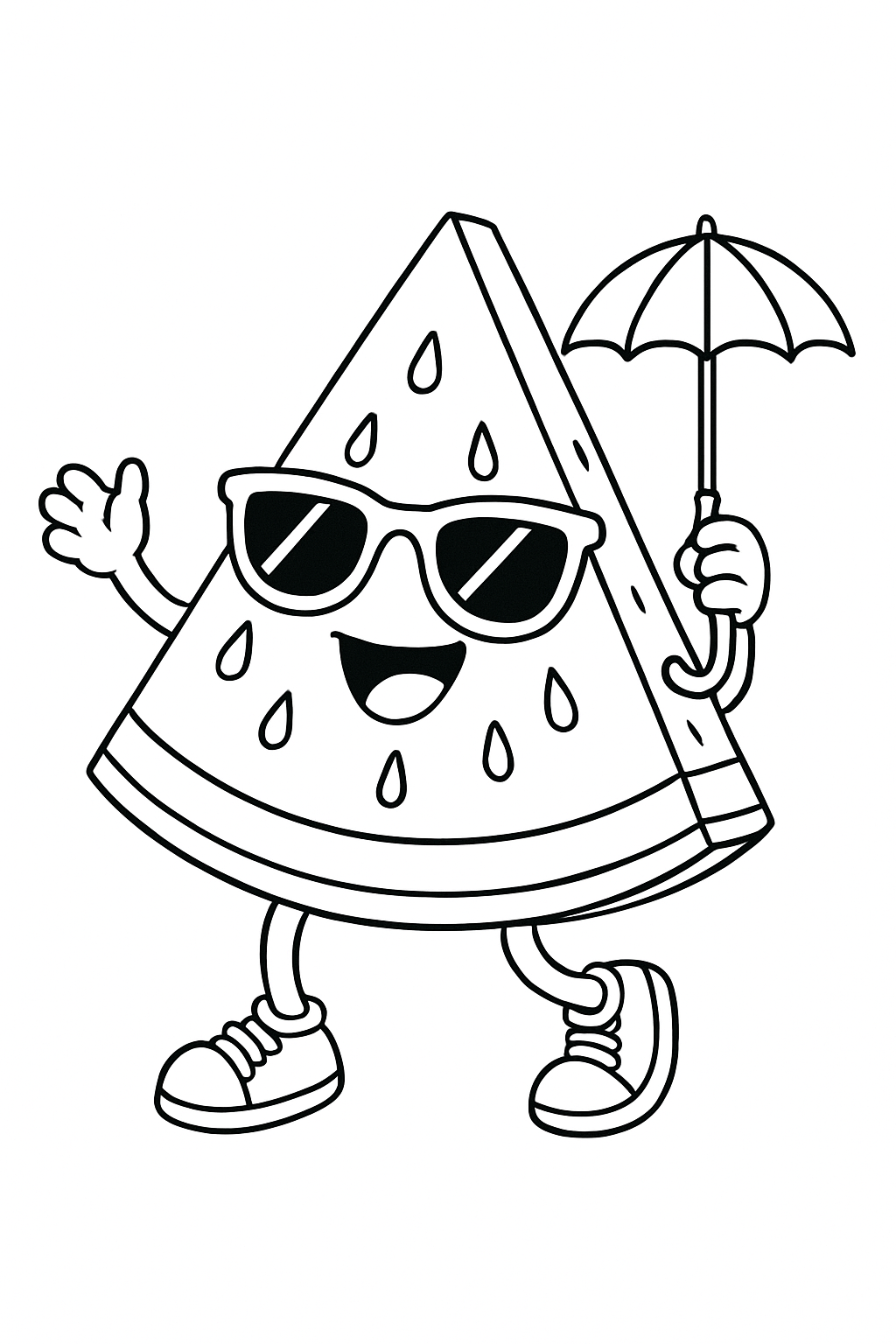A funny, smiling watermelon slice wearing sunglasses on a summer themed watermelon coloring page.