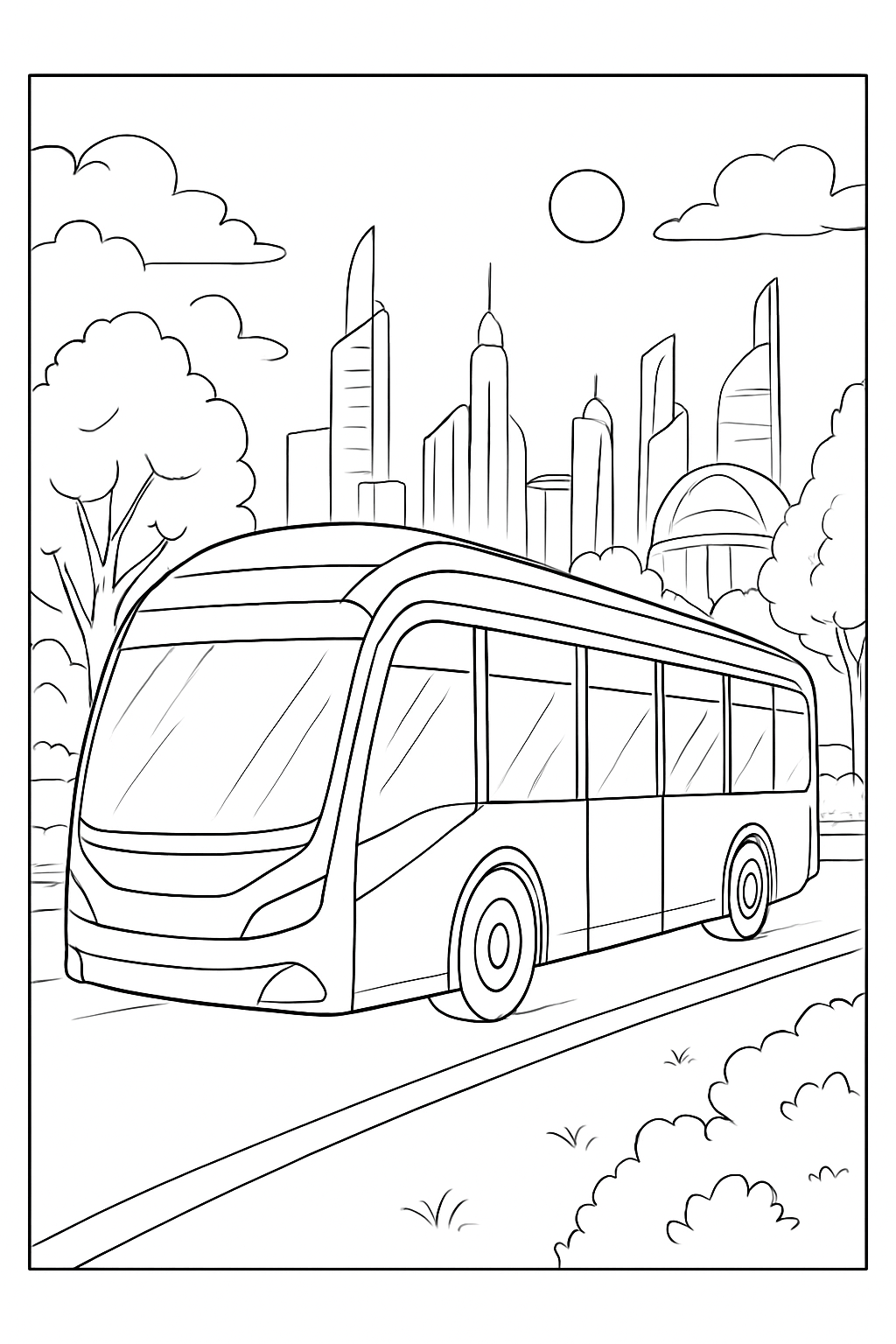 A sleek futuristic city bus coloring page with clean lines and a modern urban background.