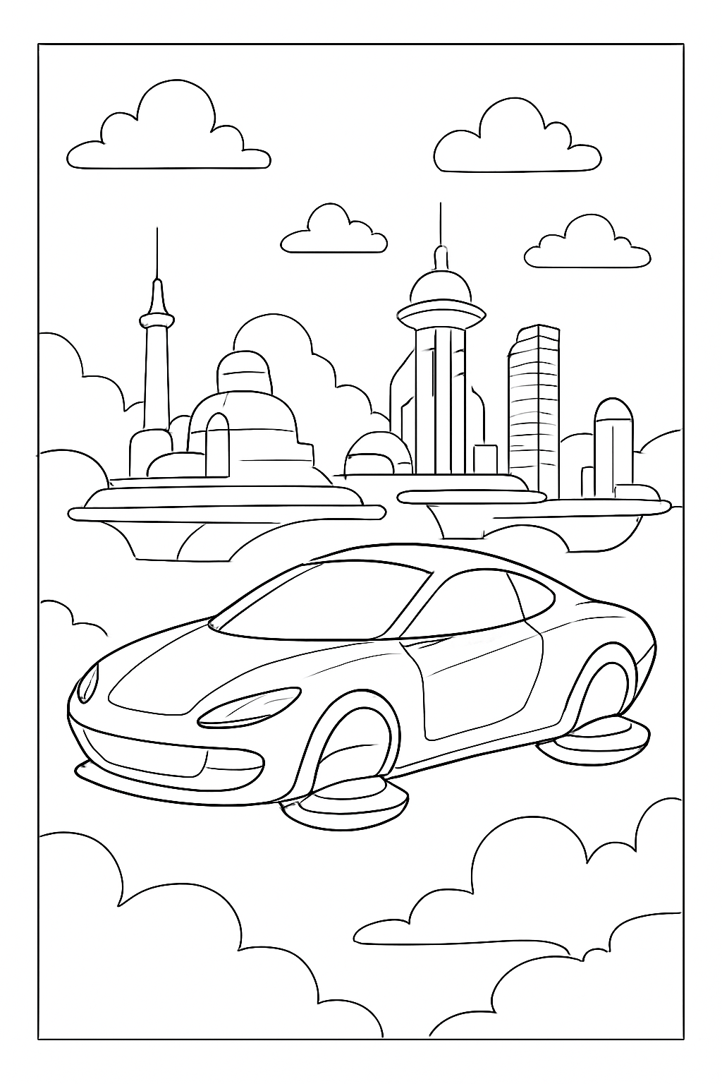 A detailed futuristic flying car coloring page with clean lines for kids and adults.