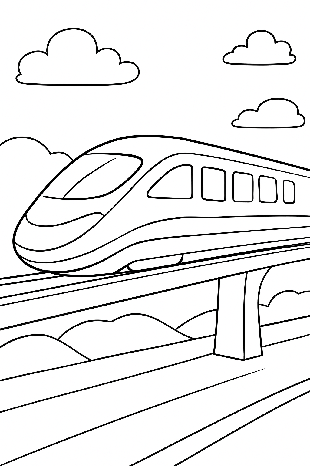 A sleek futuristic maglev train coloring page with bold lines and large spaces to color.