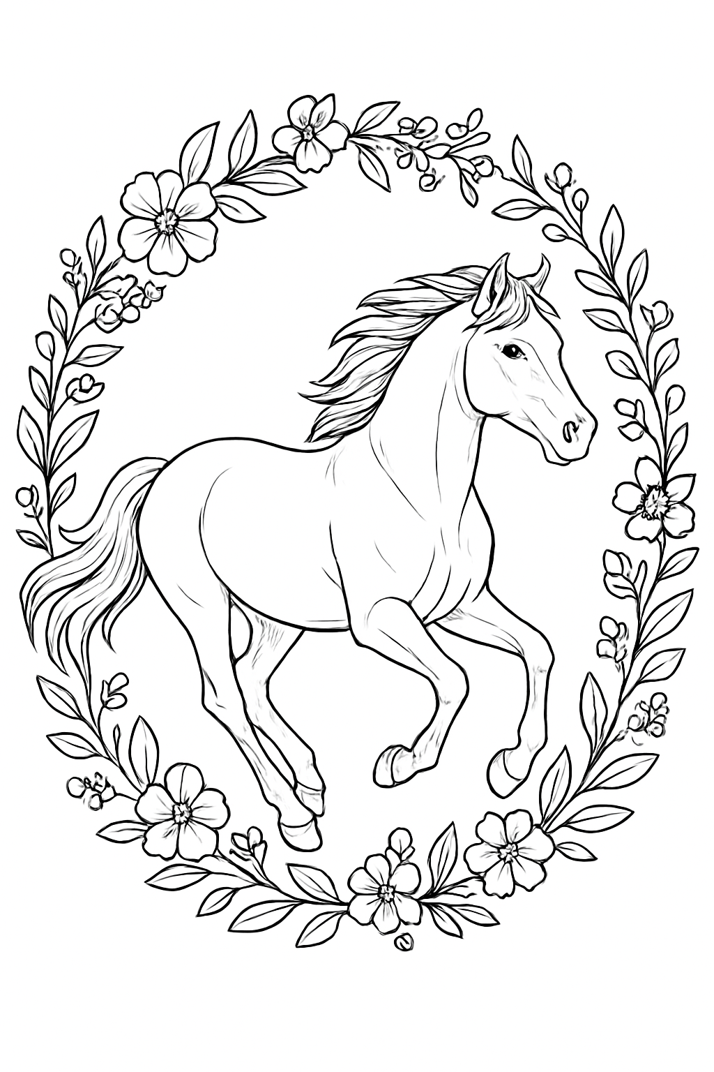 Realistic galloping horse coloring page framed by a decorative flower wreath