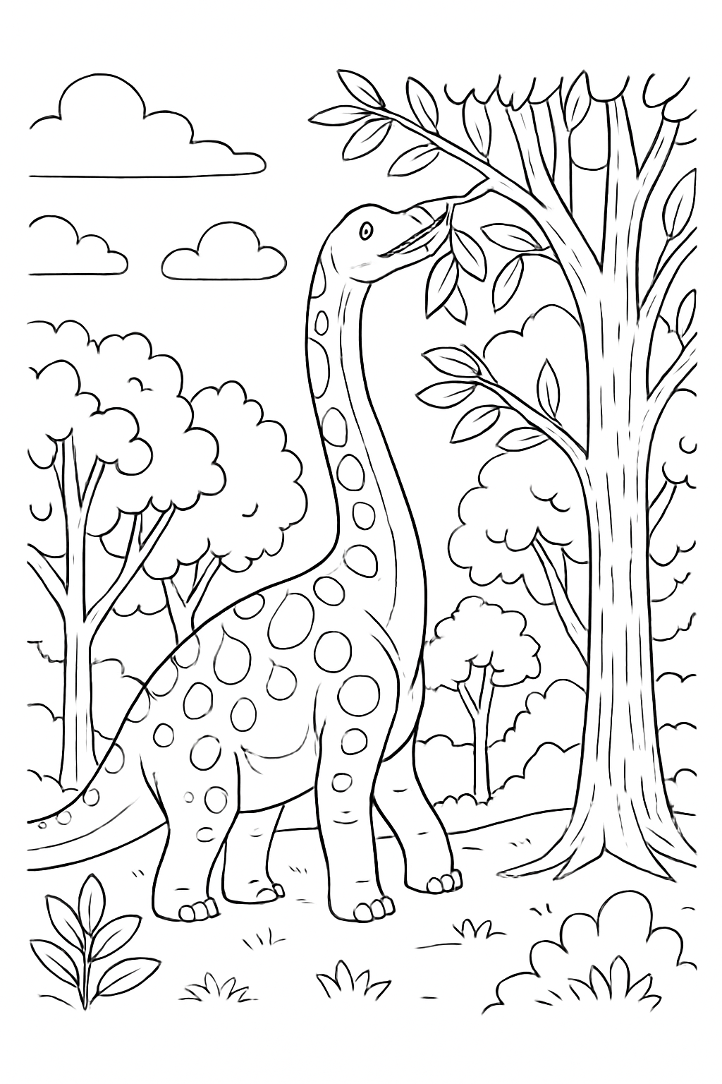 A friendly Brachiosaurus in a lush jungle on a Brachiosaurus forest coloring page.