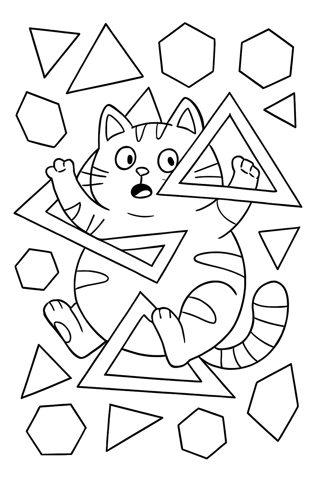 A cute cat tangled in various shapes on a geometric patterns coloring page.