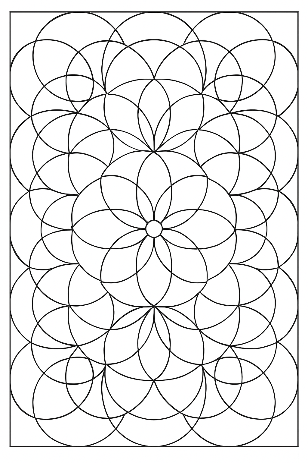 A decorative geometric circle coloring page with bold lines and large artistic sections to color.